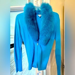 Turquoise Fur collar Sweater by Cache!